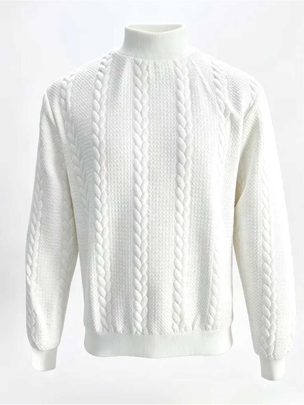 Men's White Cable Knit Turtleneck Sweater